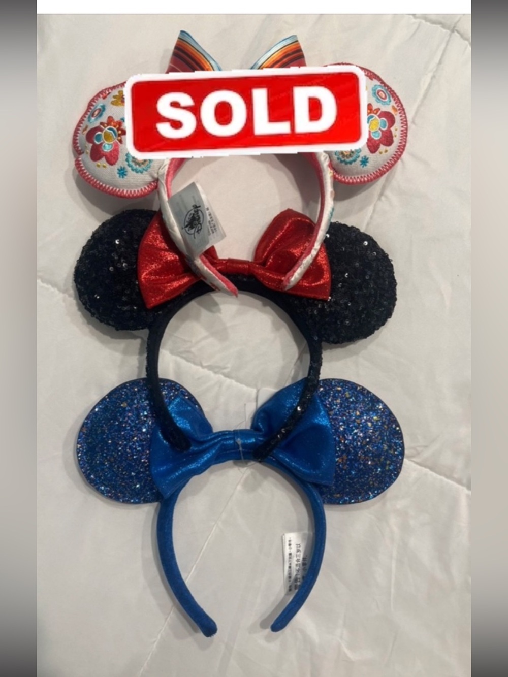 Set of 2 Minnie Mouse Ear Headbands Black Sequin, Blue Glitter